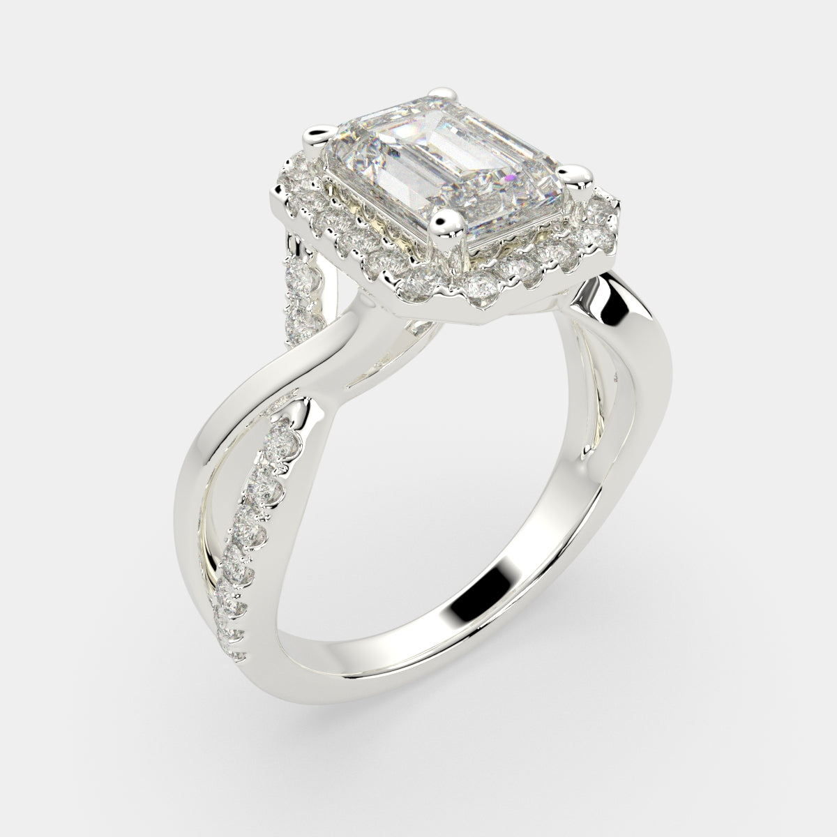 2.35 Carat VS1 D Lab Grown Diamond Halo Pave Split Shank Emerald Ring