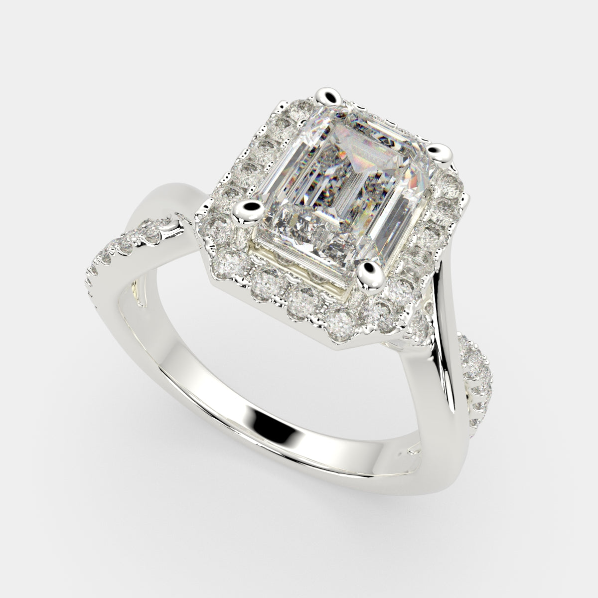 3.35 Carat VS1 D Lab Grown Diamond Halo Pave Split Shank Emerald Ring
