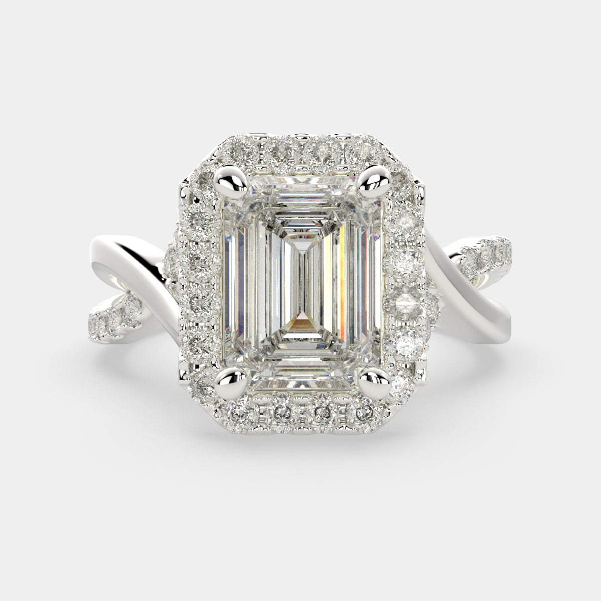 4.35 Carat VS1 D Lab Grown Diamond Halo Pave Split Shank Emerald Ring