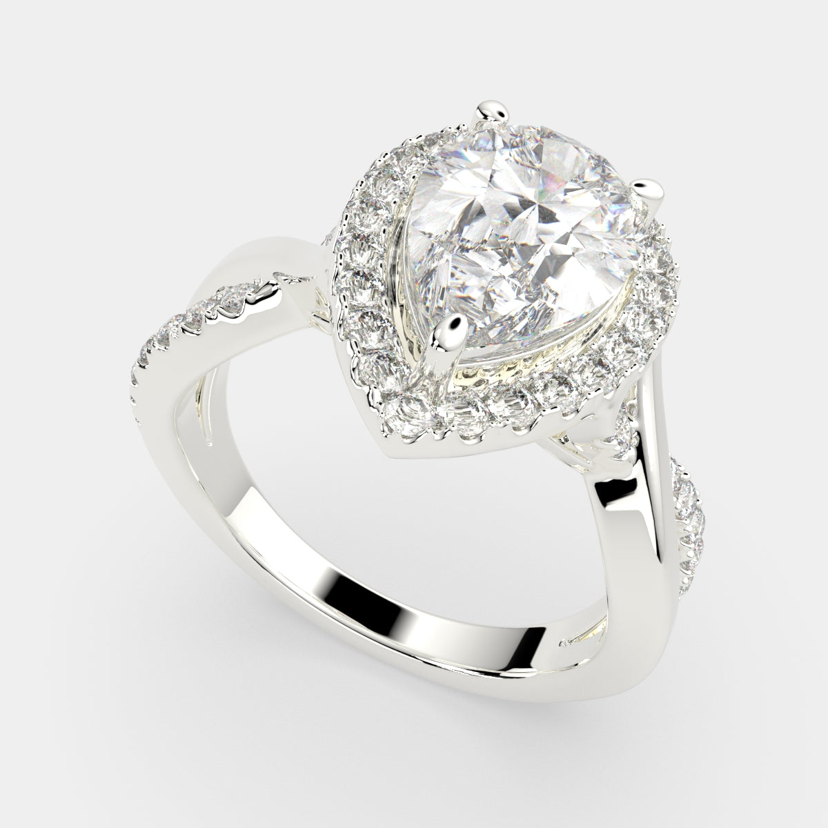 3.35 Carat VS1 D Lab Grown Diamond Halo Pave Split Shank Pear Ring