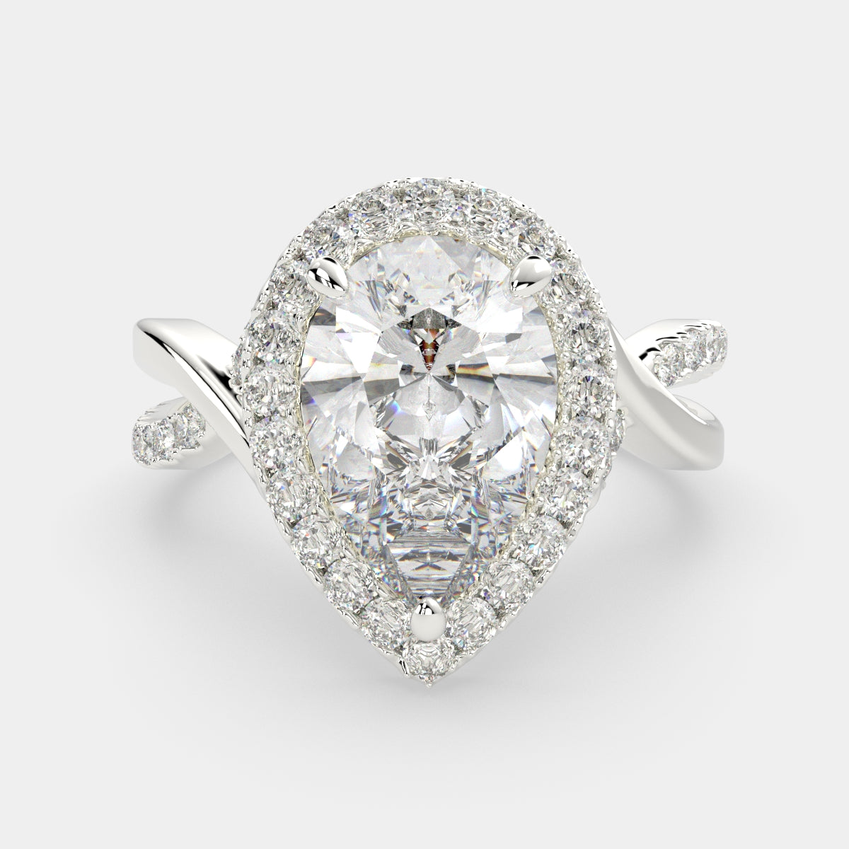 3.35 Carat VS1 D Lab Grown Diamond Halo Pave Split Shank Pear Ring