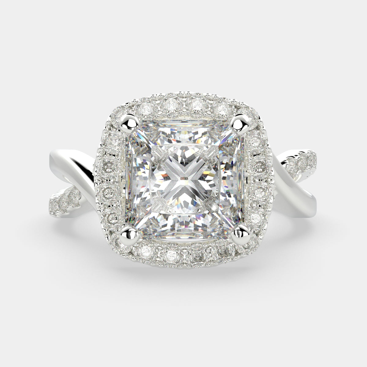 4.35 Carat VS1 D Lab Grown Diamond Halo Pave Split Shank Princess Ring