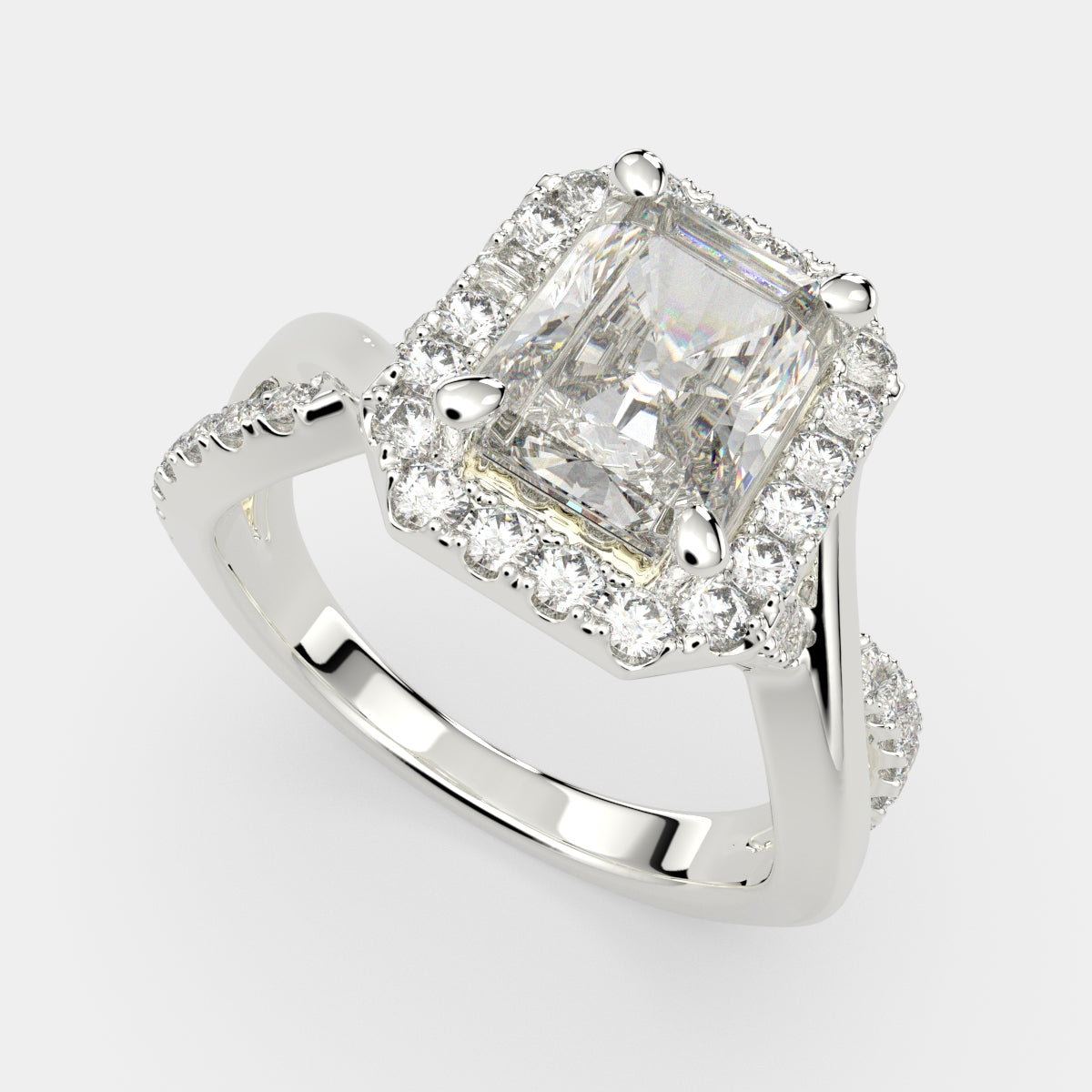3.35 Carat VS1 D Lab Grown Diamond Halo Pave Split Shank Radiant Ring