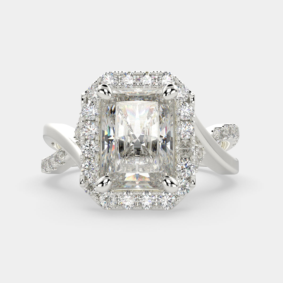 3.35 Carat VS1 D Lab Grown Diamond Halo Pave Split Shank Radiant Ring
