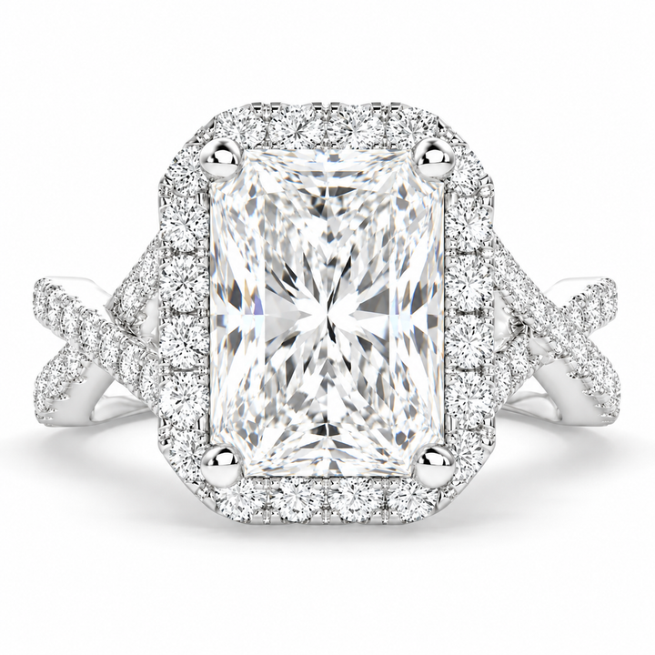 Ophelia 5.35 Carat Radiant Cut Pave Halo Split Shank Engagement Ring
