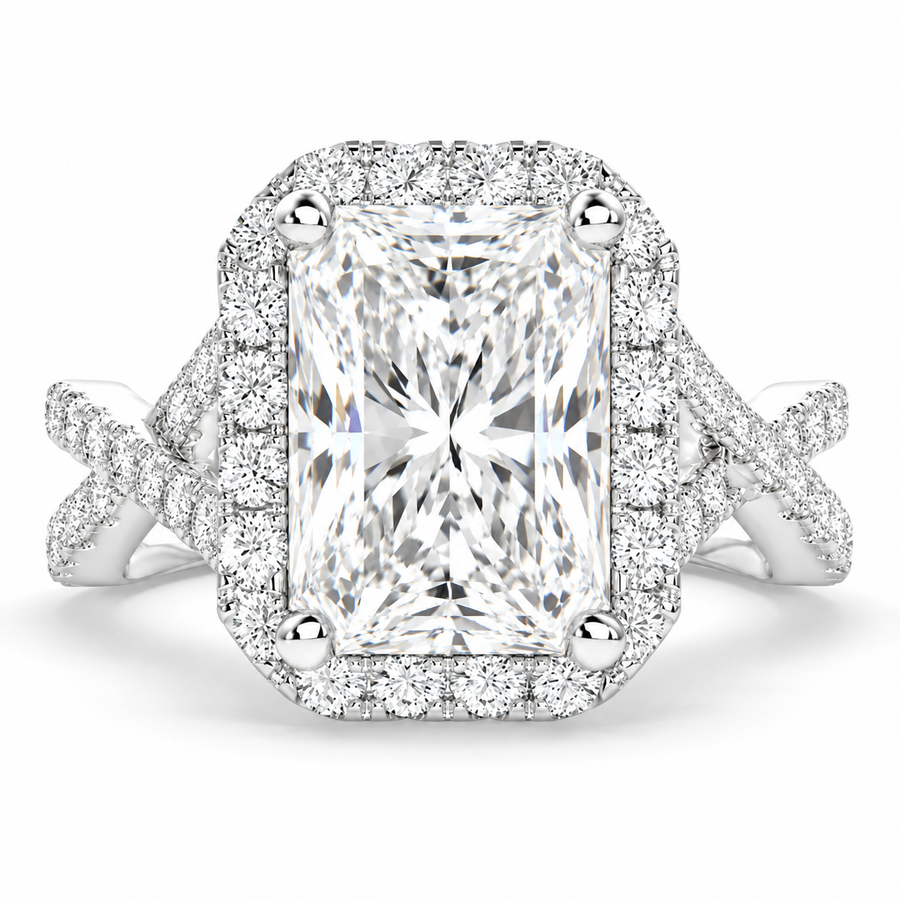 Ophelia 5.35 Carat Radiant Cut Pave Halo Split Shank Engagement Ring