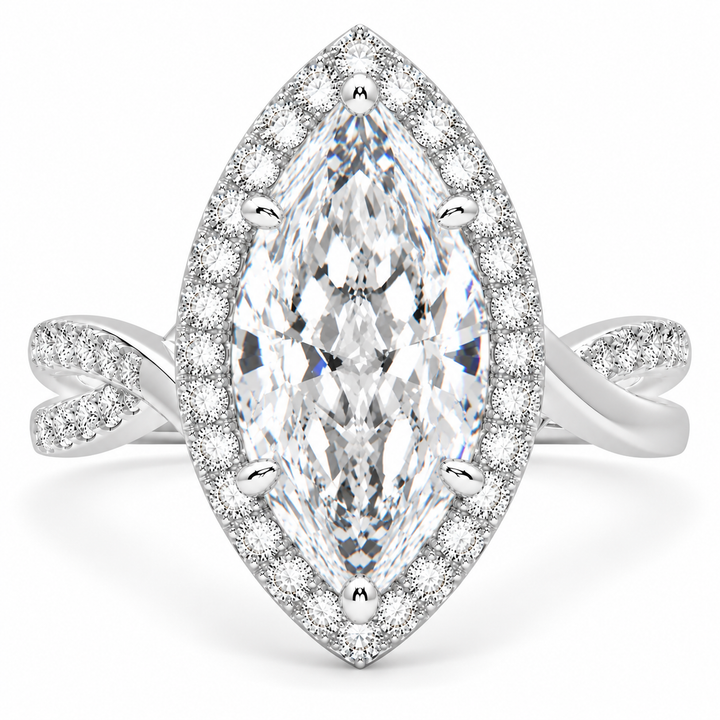 Celestina 7.35 Carat Marquise Cut Halo Pave Split Shank Engagement Ring