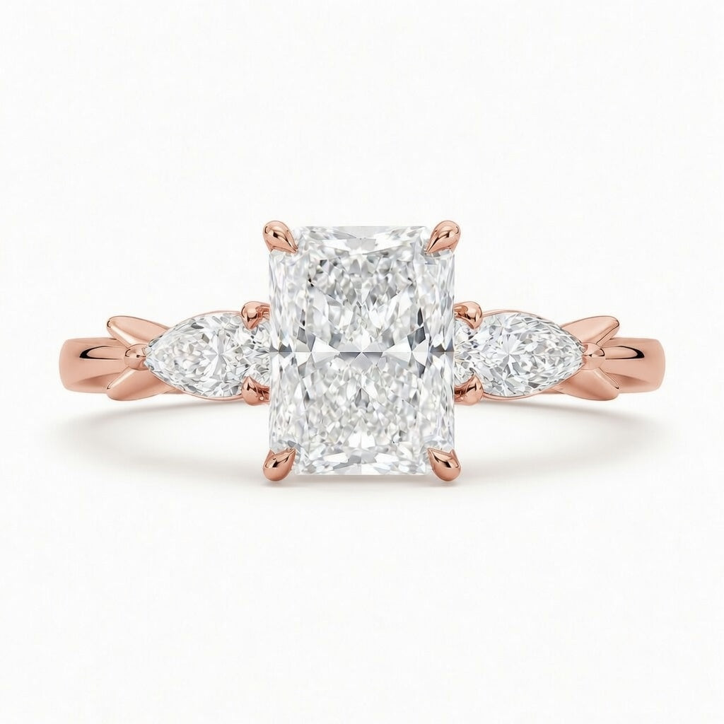 2.50 CT Radiant Lab-Grown Diamond Three-Stone Engagement Ring in 14K White Gold – Pear Side Stone Design