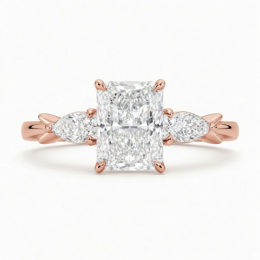 2.50 CT Radiant Lab-Grown Diamond Three-Stone Engagement Ring in 14K White Gold – Pear Side Stone Design