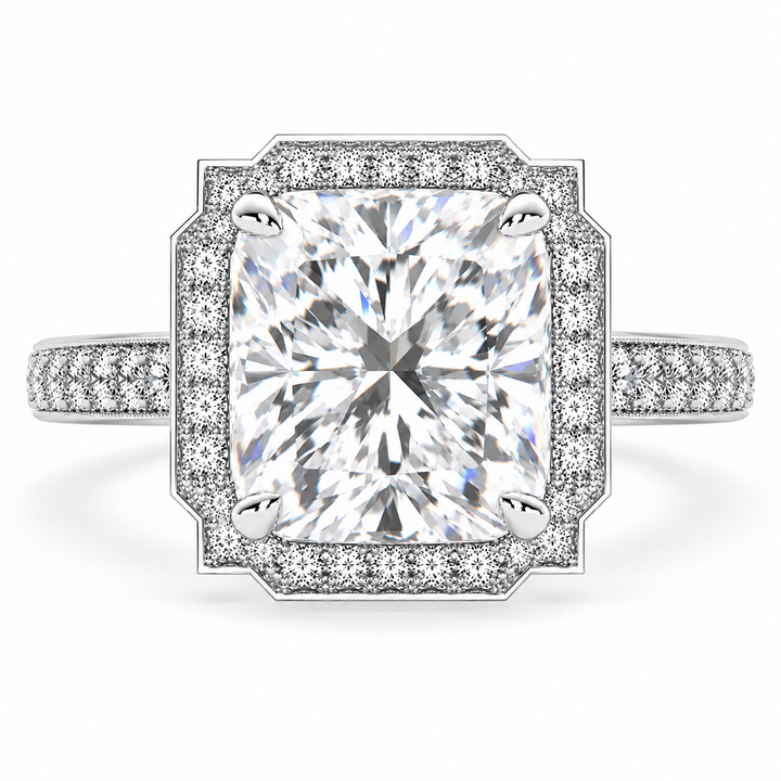 Amalia 7.5 Carat Cushion Cut Halo Pave Engagement Ring