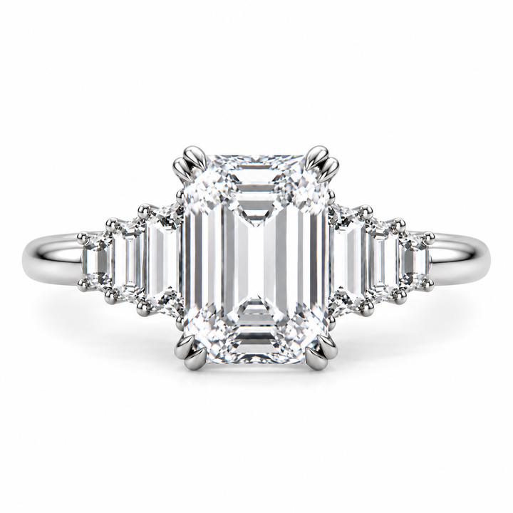 5 CT Emerald Cut Lab-Grown Diamond Cluster Engagement Ring, D–F Color, VS1–VS2 Clarity, IGI Certified, 14K White Gold with Baguette Side Diamonds