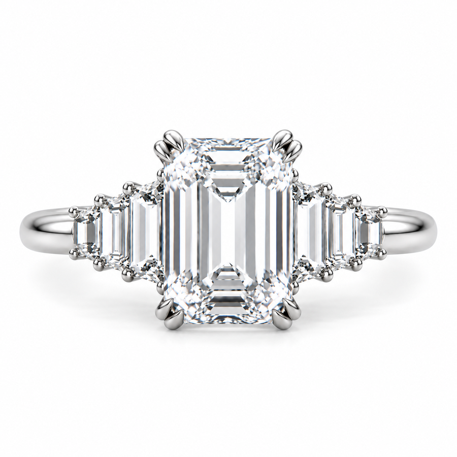 5 CT Emerald Cut Lab-Grown Diamond Cluster Engagement Ring, D–F Color, VS1–VS2 Clarity, IGI Certified, 14K White Gold with Baguette Side Diamonds