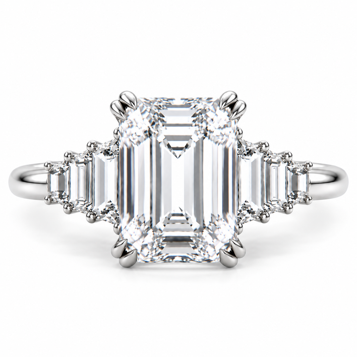 6 CT Emerald Cut Lab-Grown Diamond Cluster Engagement Ring, D–F Color, VS1–VS2 Clarity, IGI Certified, 14K White Gold with Baguette Side Diamonds