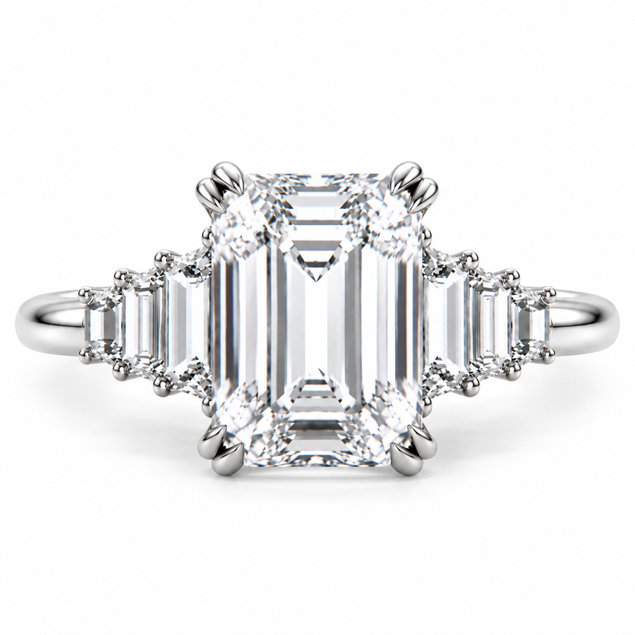 6 CT Emerald Cut Lab-Grown Diamond Cluster Engagement Ring, D–F Color, VS1–VS2 Clarity, IGI Certified, 14K White Gold with Baguette Side Diamonds