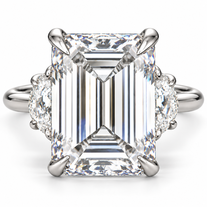6 CT Emerald Cut Lab-Grown Diamond Three Stone Engagement Ring with Half Moon Side Diamonds, D–F Color, VS1–VS2 Clarity, IGI Certified, 14K White Gold