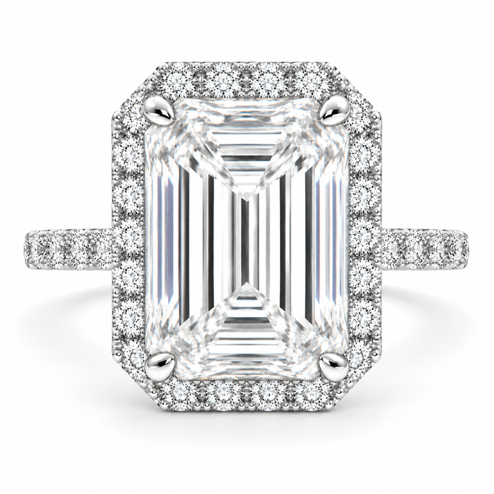 Bianca 7.5 Carat Emerald Cut Halo Pave Engagement Ring