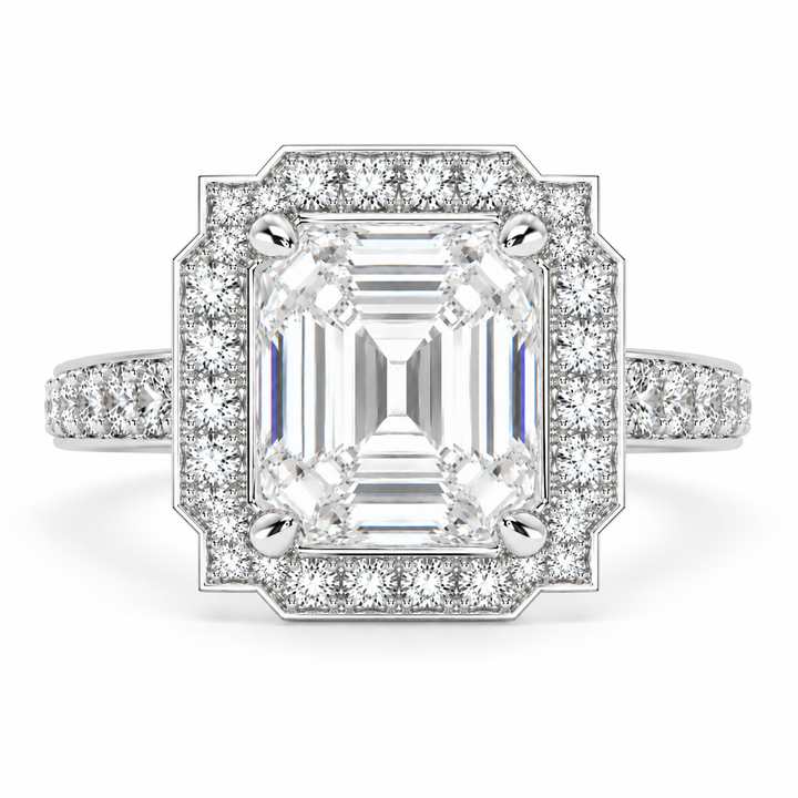 Amalia 7.5 Carat Emerald Cut Halo Pave Engagement Ring