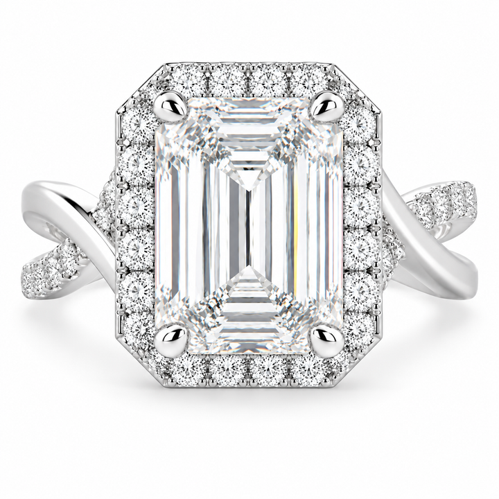 Celestina 7.35 Carat Emerald Cut Halo Pave Split Shank Engagement Ring
