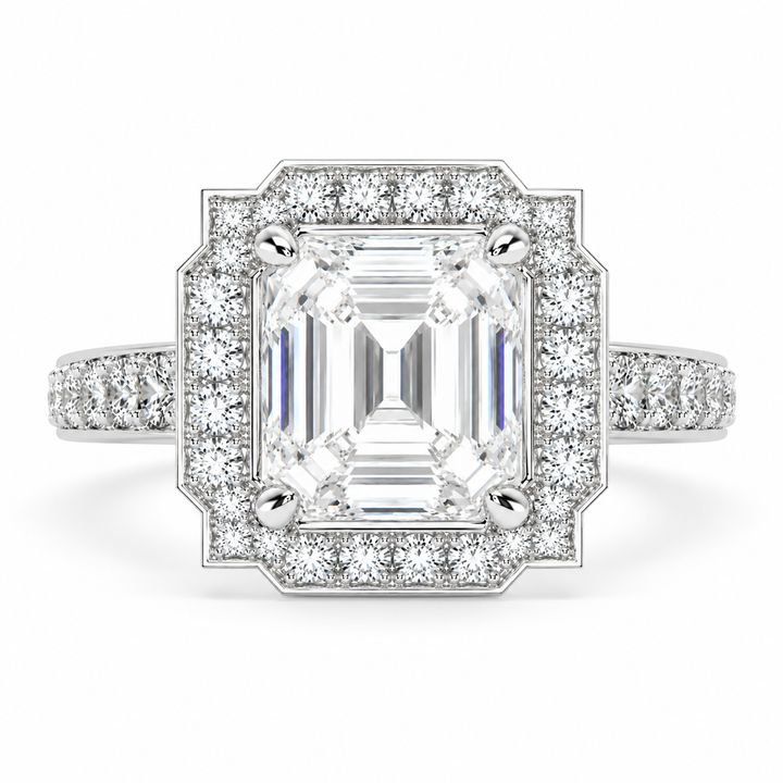 Amalia 6.5 Carat Emerald Cut Halo Pave Engagement Ring
