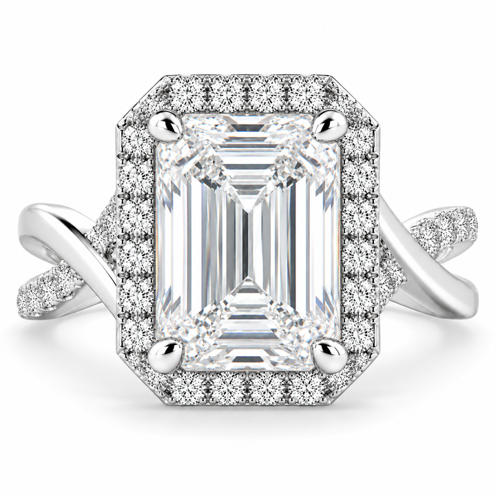 Ophelia 6.35 Carat Emerald Cut Pave Halo Split Shank Engagement Ring