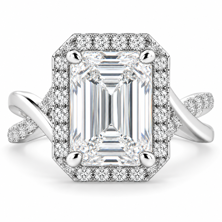 Ophelia 6.35 Carat Emerald Cut Pave Halo Split Shank Engagement Ring