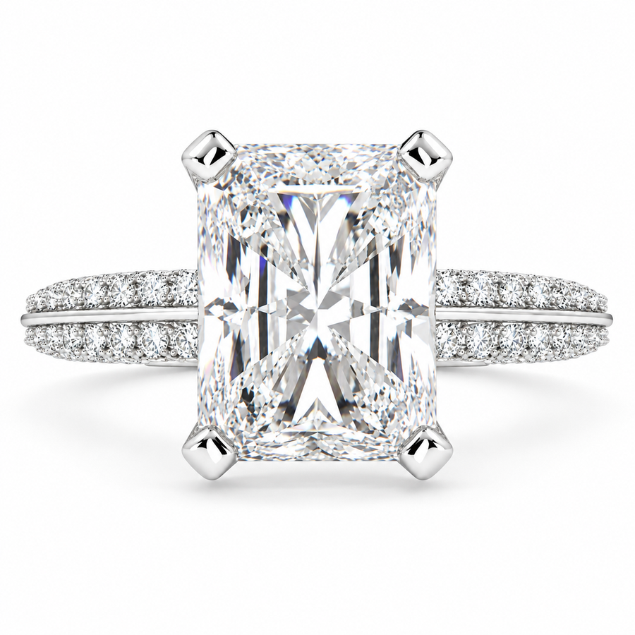 5 CT Daria Radiant Cut Lab-Grown Diamond Pavé 4-Prong Engagement Ring in 14K White Gold