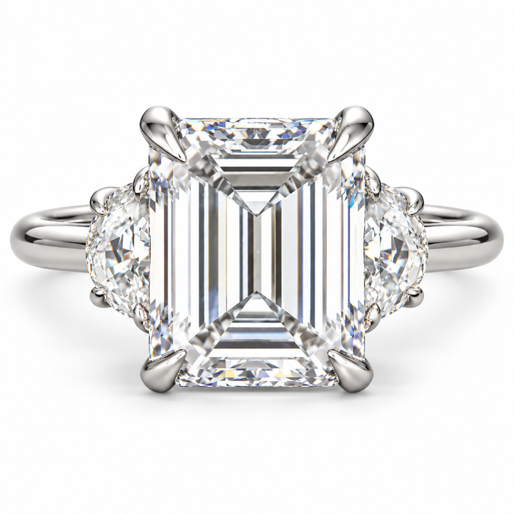 4 CT Emerald Cut Lab-Grown Diamond Three Stone Engagement Ring with Half Moon Side Diamonds, D–F Color, VS1–VS2 Clarity, IGI Certified, 14K White Gold