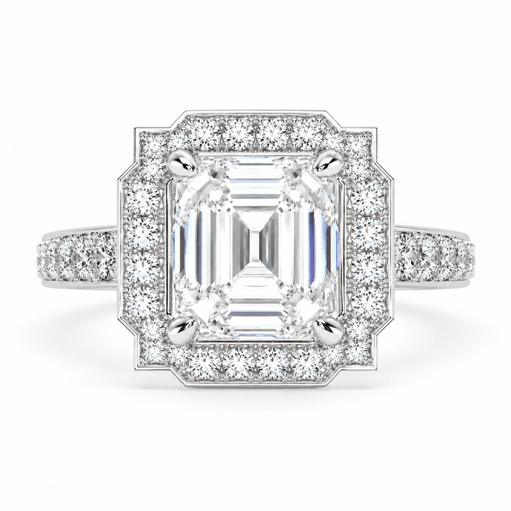 Amalia 5.5 Carat Emerald Cut Halo Pave Engagement Ring
