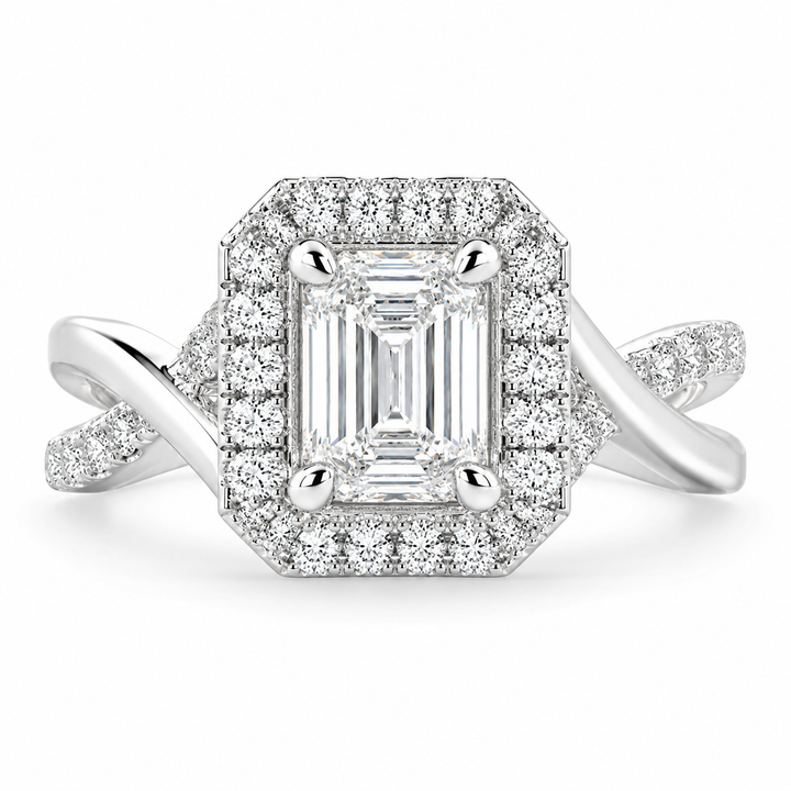 Ophelia 1.35 Carat Emerald Cut Pave Halo Split Shank Engagement Ring