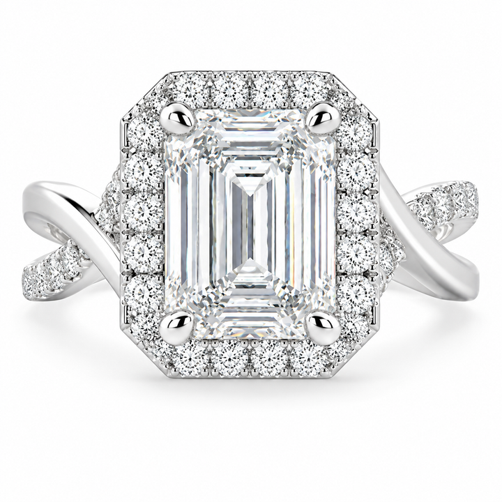 Celestina 5.35 Carat Emerald Cut Halo Pave Split Shank Engagement Ring
