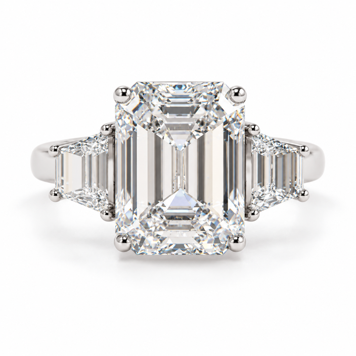 4 CT Emerald Cut Lab-Grown Diamond Three Stone Engagement Ring, D–F Color, VS1–VS2 Clarity, IGI Certified, 14K White Gold with Radiant Side Diamonds