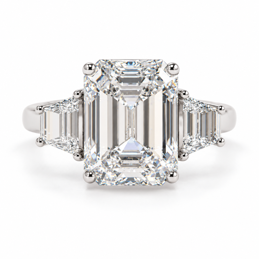 4 CT Emerald Cut Lab-Grown Diamond Three Stone Engagement Ring, D–F Color, VS1–VS2 Clarity, IGI Certified, 14K White Gold with Radiant Side Diamonds