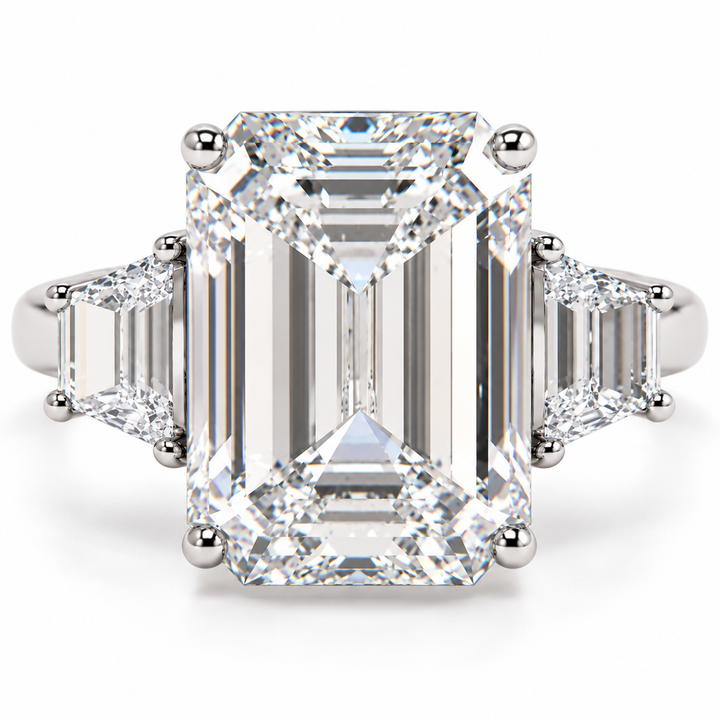 6 CT Emerald Cut Lab-Grown Diamond Three Stone Engagement Ring, D–F Color, VS1–VS2 Clarity, IGI Certified, 14K White Gold with Radiant Side Diamonds