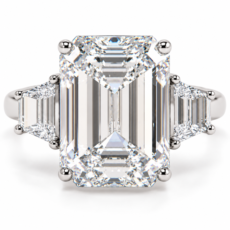 6 CT Emerald Cut Lab-Grown Diamond Three Stone Engagement Ring, D–F Color, VS1–VS2 Clarity, IGI Certified, 14K White Gold with Radiant Side Diamonds