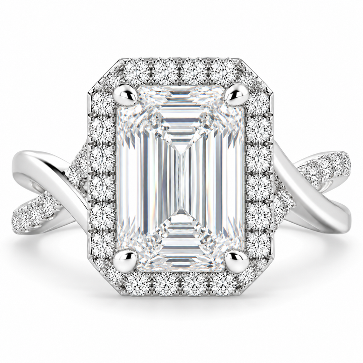 Ophelia 5.35 Carat Emerald Cut Pave Halo Split Shank Engagement Ring