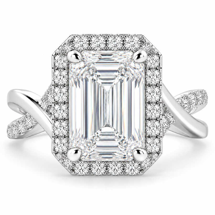 Ophelia 5.35 Carat Emerald Cut Pave Halo Split Shank Engagement Ring