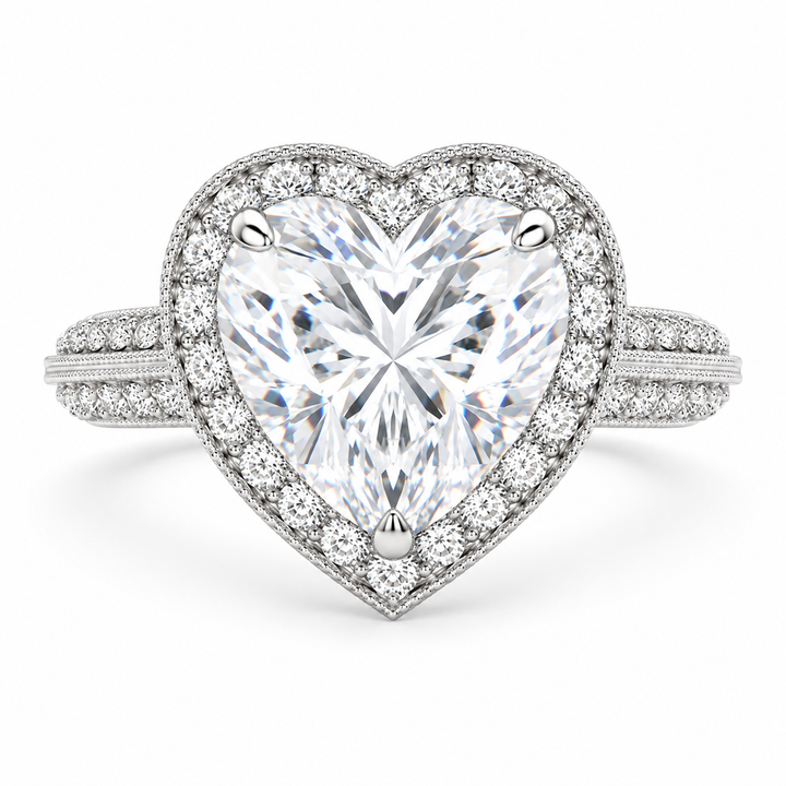 Beatrice 5.45 Carat Heart Cut Halo Pave Knife Edge Milgrain Engagement Ring
