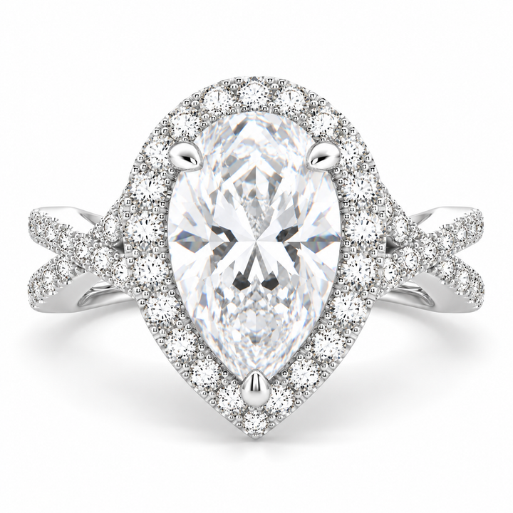 Ophelia 5.35 Carat Pear Cut Pave Halo Split Shank Engagement Ring