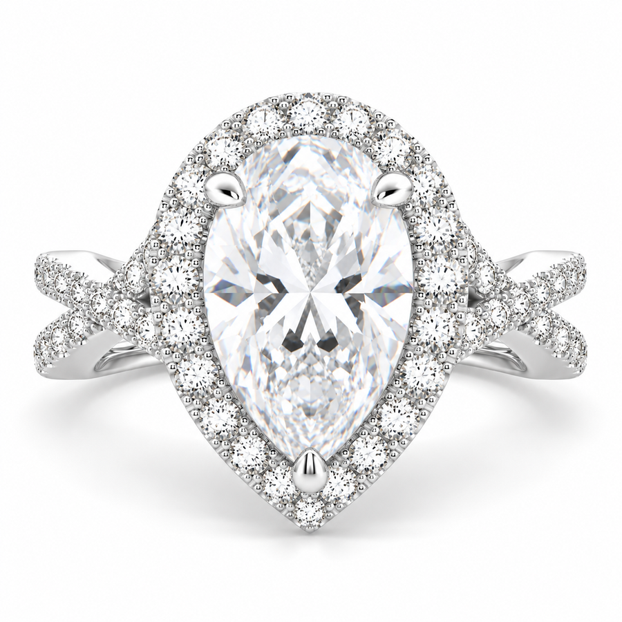 Ophelia 5.35 Carat Pear Cut Pave Halo Split Shank Engagement Ring