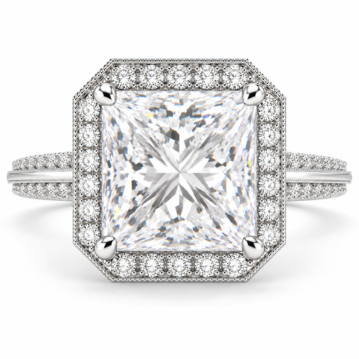 Beatrice 5.45 Carat Princess Cut Halo Pave Knife Edge Milgrain Engagement Ring