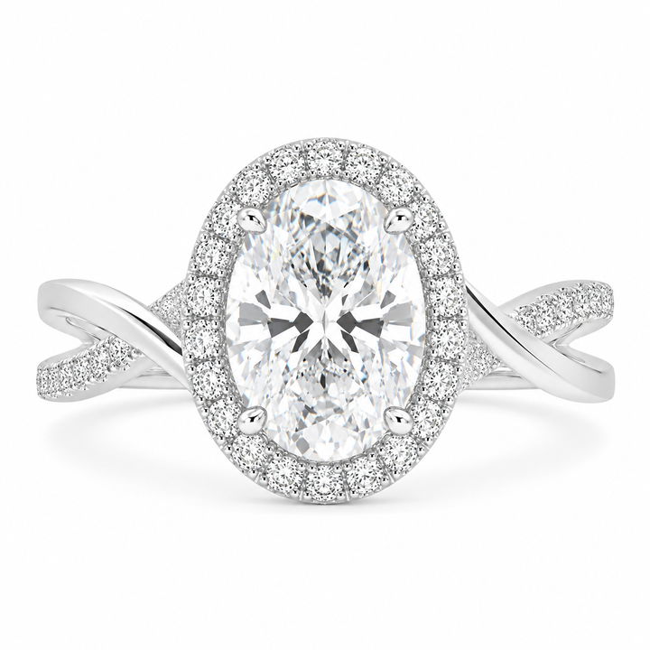 Celestina 4.35 Carat Oval Cut Halo Pave Split Shank Engagement Ring