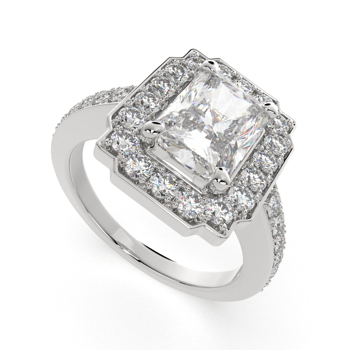 1.5 Carat VS1 D Lab Grown Diamond Halo Pave Radiant Ring