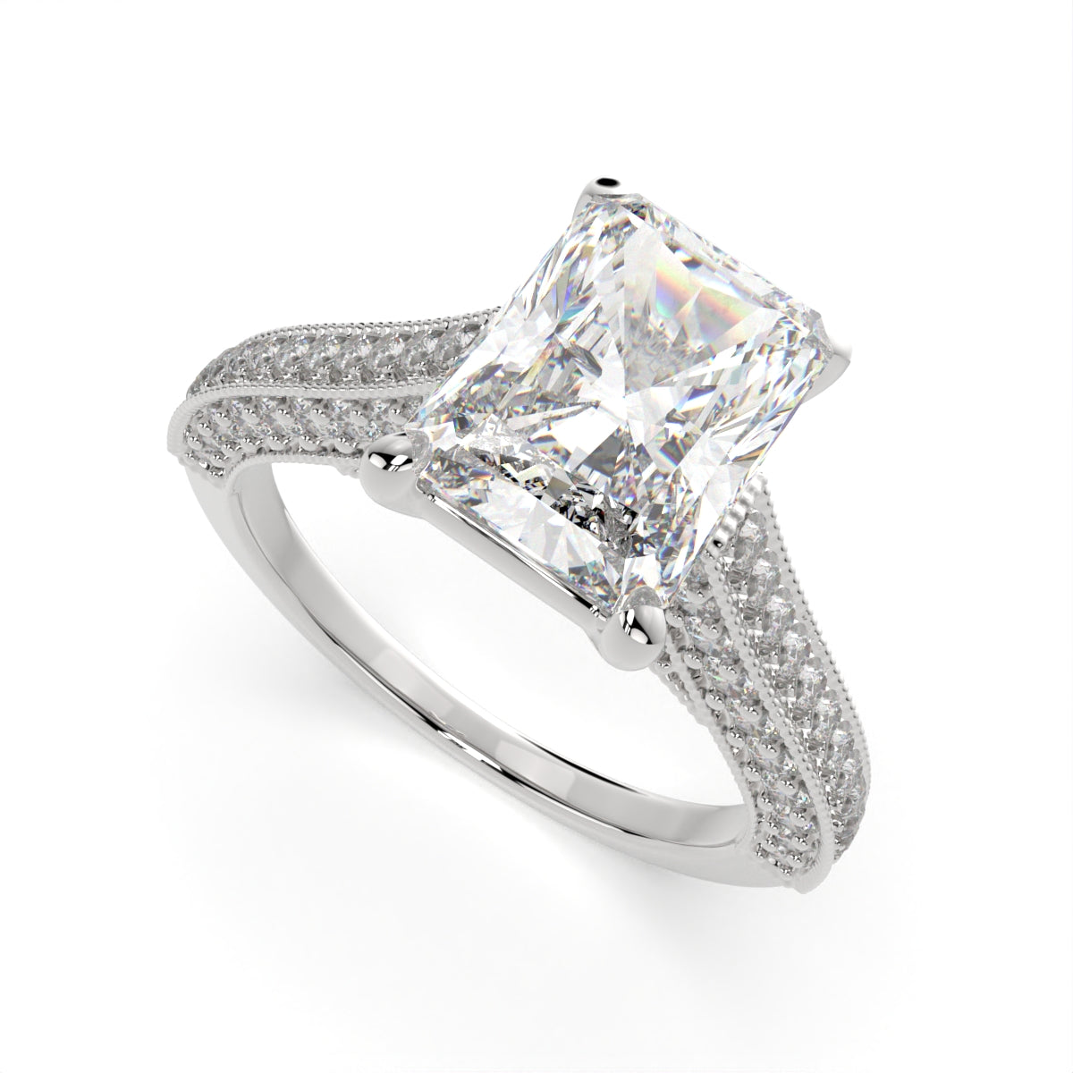 3.75 Carat VS1 D Lab Grown Diamond Pave Radiant Ring