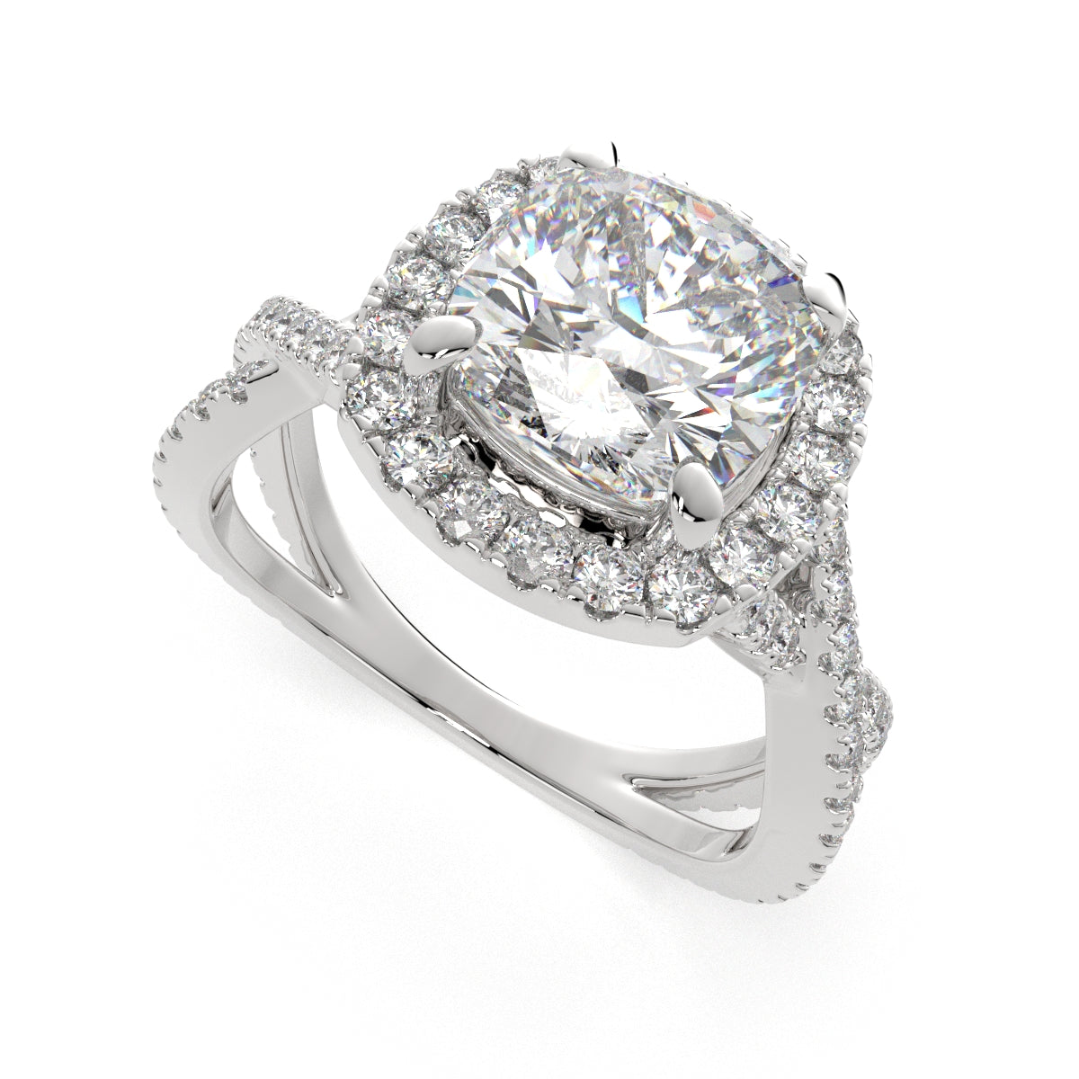 3.35 Carat VS1 D Lab Grown Diamond Halo Pave Split Shank Cushion Ring