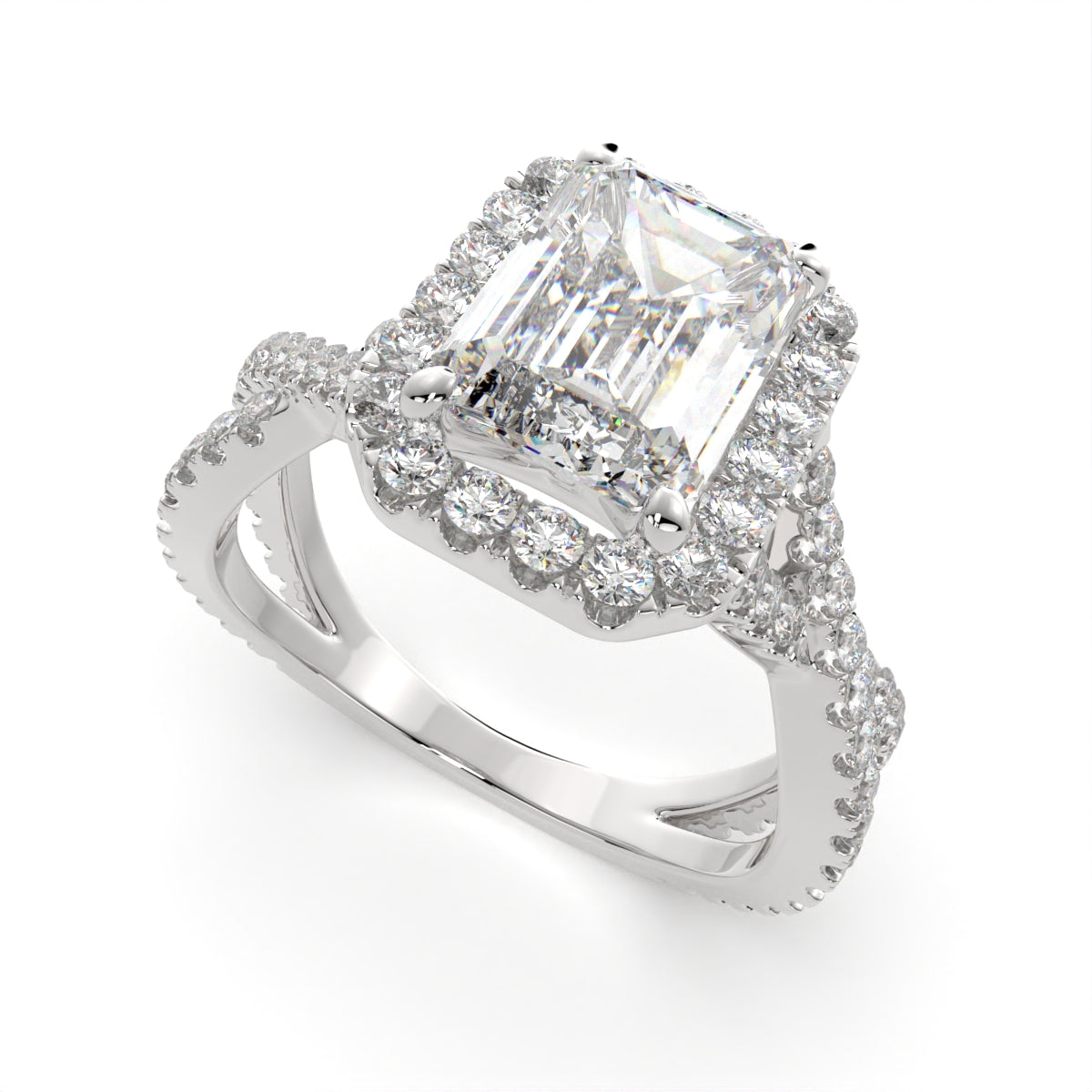 2.35 Carat VS1 D Lab Grown Diamond Halo Pave Split Shank Emerald Ring