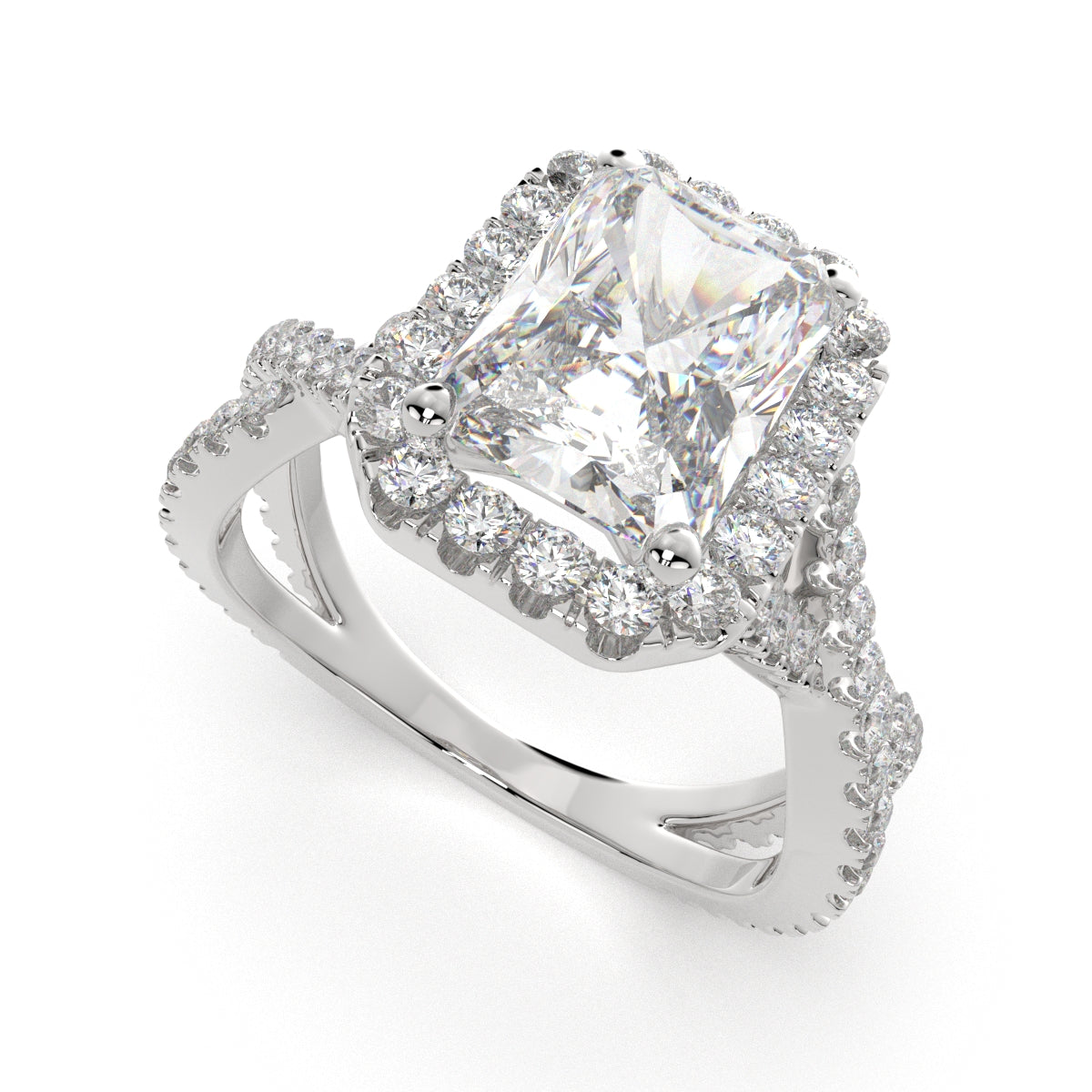 2.35 Carat VS1 D Lab Grown Diamond Halo Pave Split Shank Radiant Ring