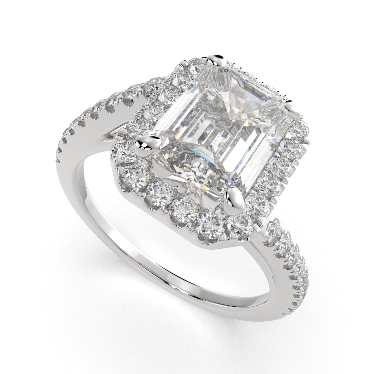 4.35 Carat VS1 D Lab Grown Diamond Halo Pave Emerald Ring
