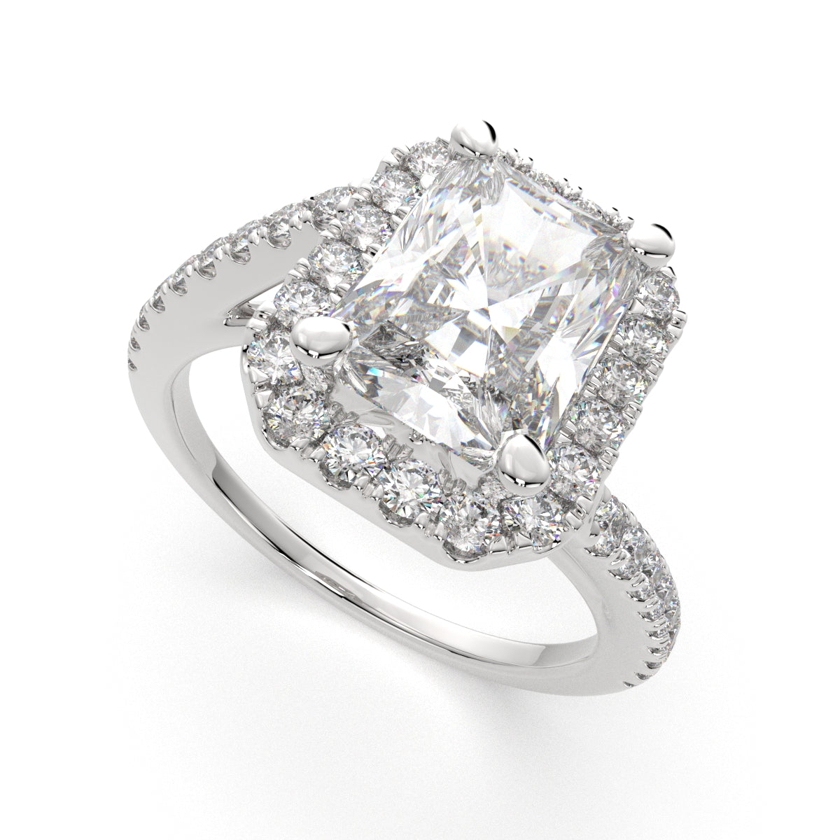 2.35 Carat VS1 D Lab Grown Diamond Halo Pave Radiant Ring