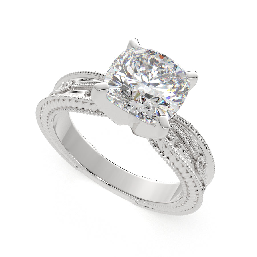 Sabrina 1 Carat Cushion Cut Solitaire Hand Engraved Milgrain Engagement Ring