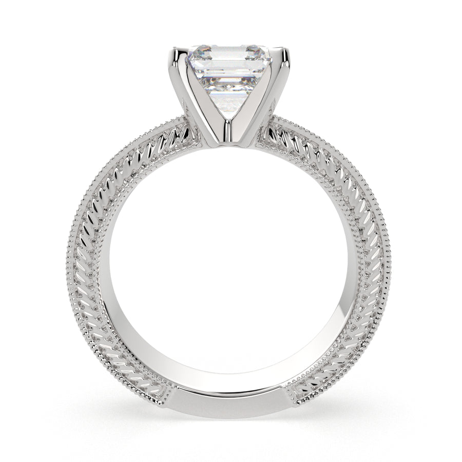 Sabrina 3 Carat Emerald Cut Solitaire Hand Engraved Milgrain Engagement Ring